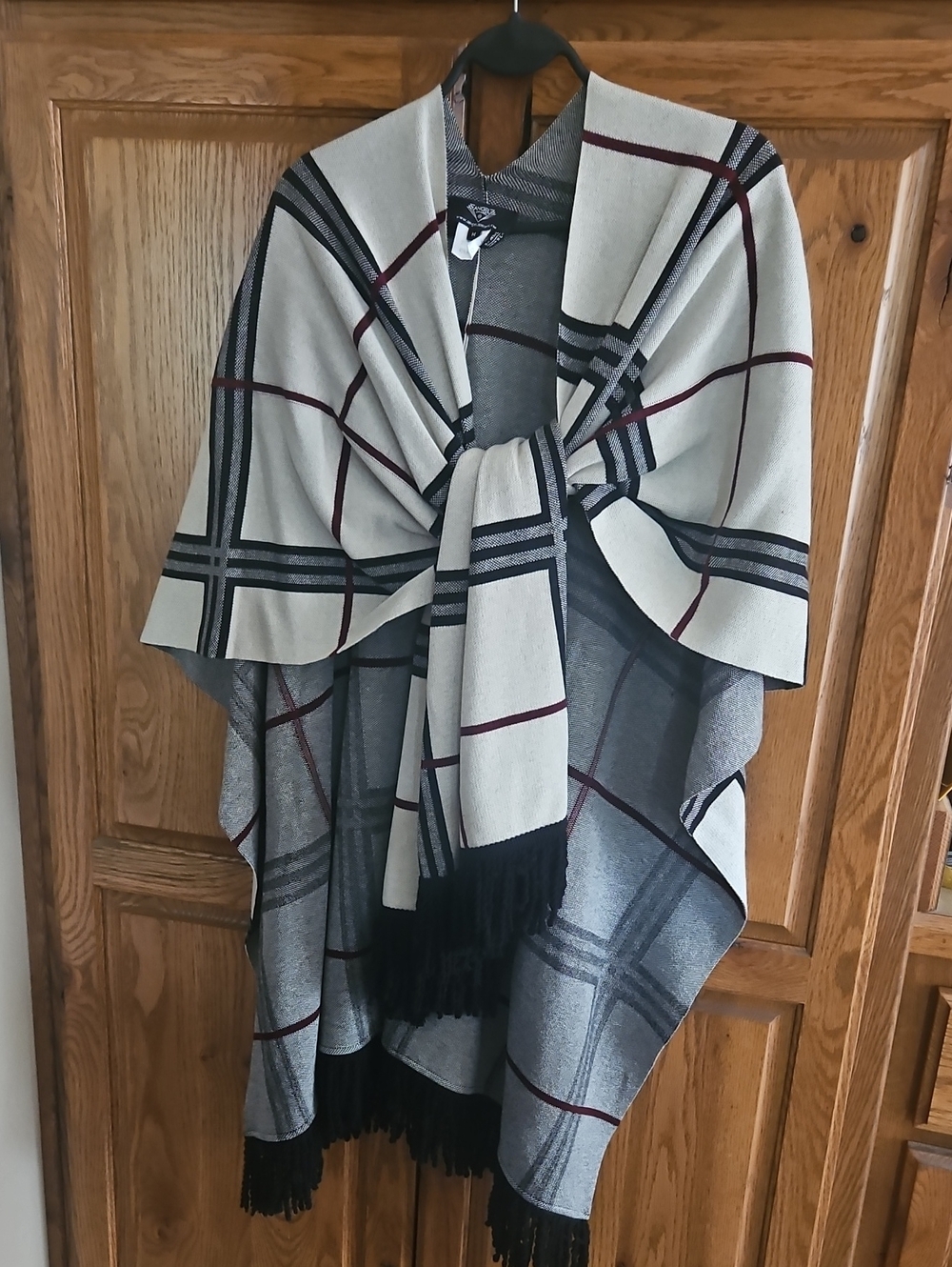 Plaid Fringe Shawl Cape in Cream, Gray & Burgundy
